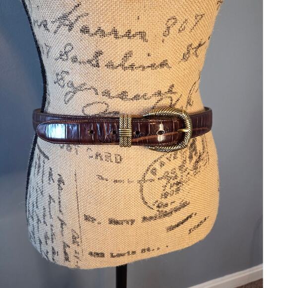 Brighton Accessories - Brighton brown leather croc embossed textured belt 1inch vtg rope gold buckle L